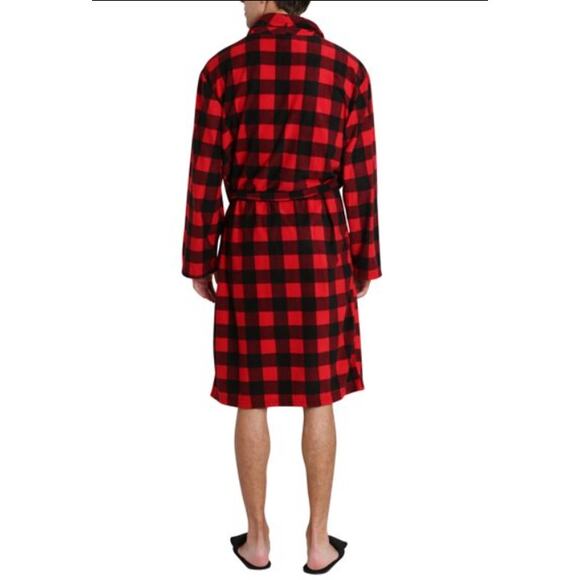 SleepHero Robe belted Slipper & Slipper Set Black Red Buffalo Check Small/Medium - Picture 2 of 3